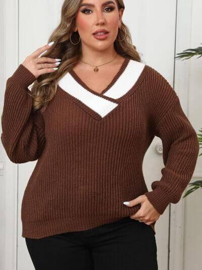 Plus Size Contrast Dropped Shoulder Long Sleeve Sweater - Clothes For Her Online Store