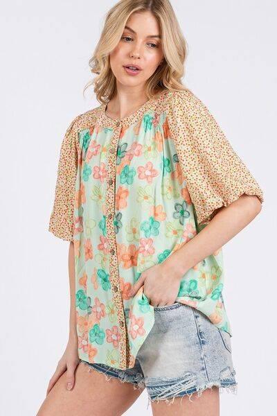 SAGE+FIG Button Down Bubble Sleeves Shirt - Clothes For Her Online Store