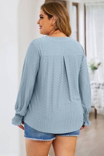 Plus Size Eyelet Notched Flounce Sleeve Blouse - Clothes For Her Online Store