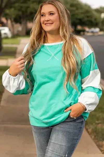 Plus Size Exposed Seam Color Block Long Sleeve Sweatshirt - Clothes For Her Online Store