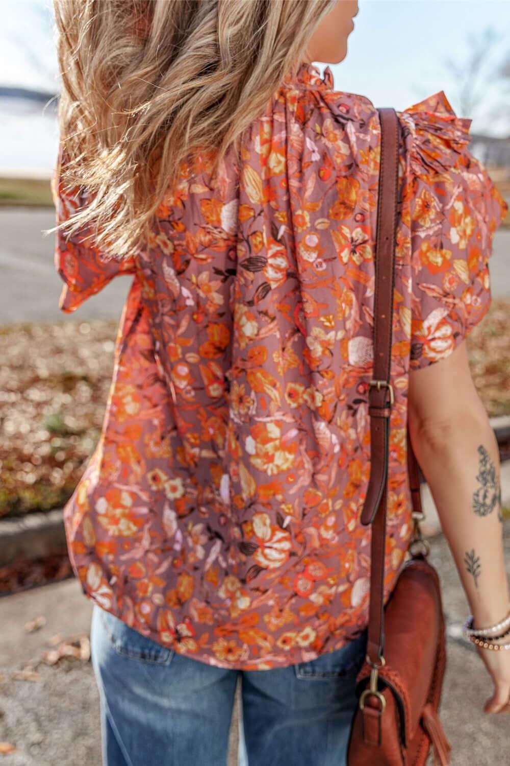 Floral Ruffled Layered Short Sleeve Tie Neck Blouse - Clothes For Her Online Store
