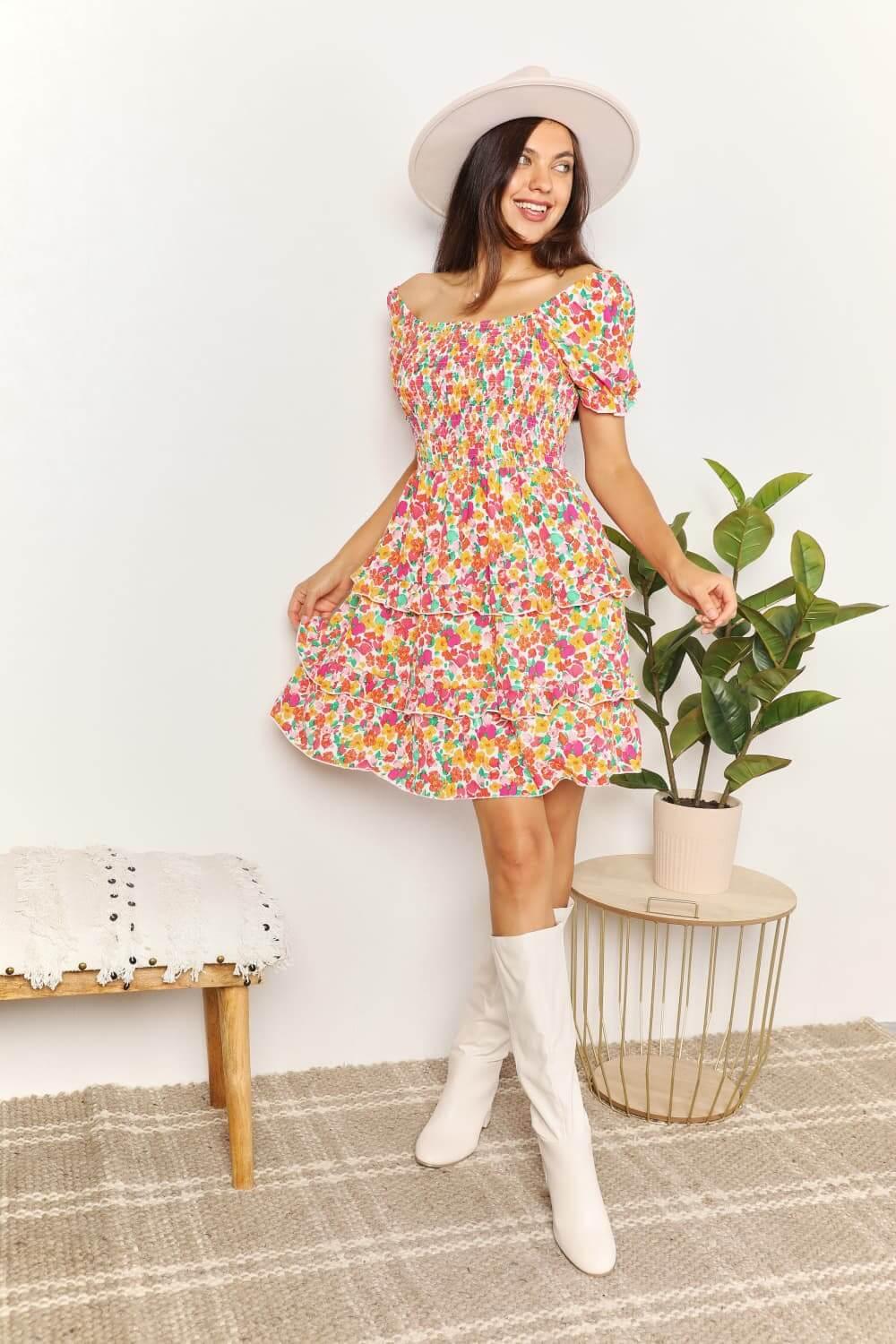 Devine Smocked Sweetheart Neck Flounce Sleeve Mini Dress - Clothes For Her Online Store