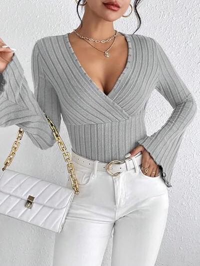 Ribbed Flare Sleeve Top - Clothes For Her Online Store
