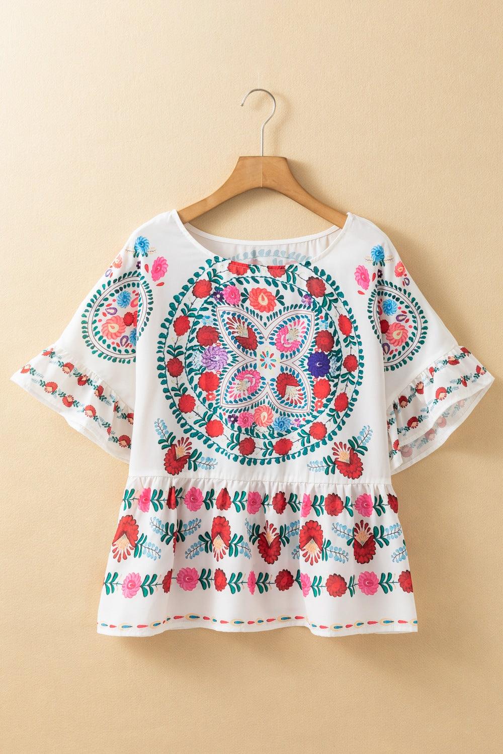 Floral Print Round Neck Ruffle Trim Blouse - Clothes For Her Online Store