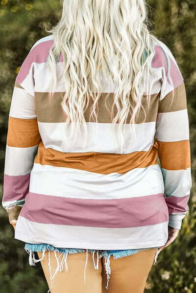 Plus Size Striped Slit Long Sleeve T-Shirt - Clothes For Her Online Store
