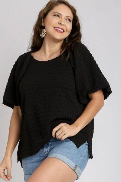 Umgee Full Size Boxy Cut Jacquard Round Neck Top with Side Slit Plus Size - Clothes For Her Online Store