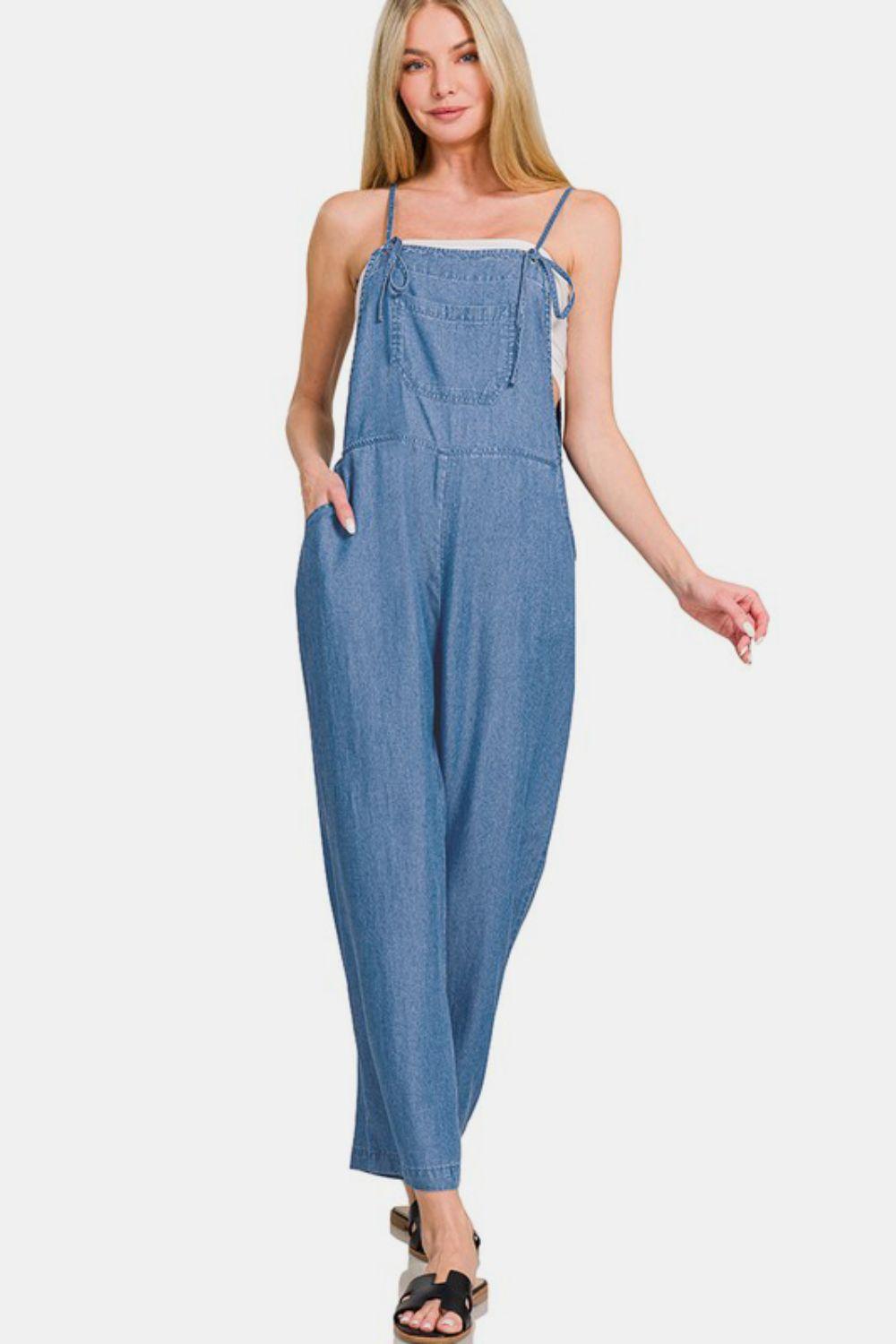 Zenana Washed Adjustable Strap Wide Leg Denim Overalls - Clothes For Her Online Store
