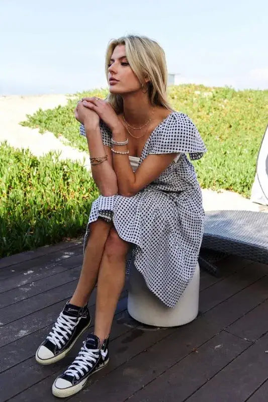 Davi & Dani Jacquard V-Neck Flutter Cap Sleeve Tiered Dress - Clothes For Her Online Store