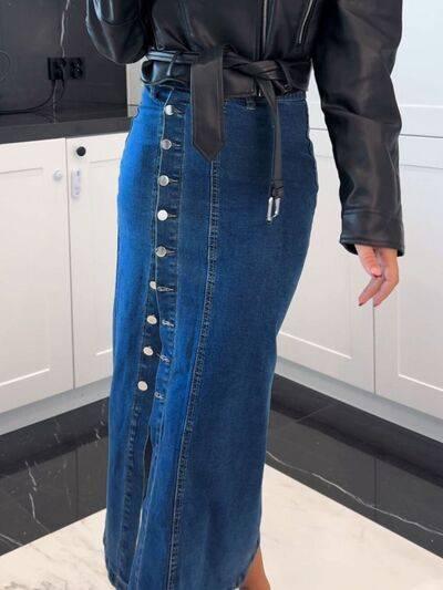 Front Button Slit Midi Denim Skirt - Clothes For Her Online Store