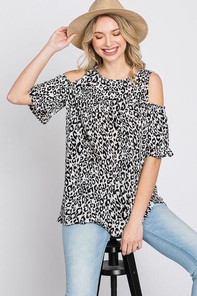 Heimish Full Size Leopard Round Neck Cold Shoulder T-Shirt Plus Size - Clothes For Her Online Store