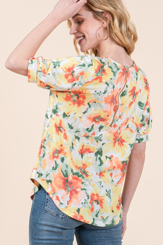 BOMBOM Floral Round Neck Puff Sleeve Top - Clothes For Her Online Store