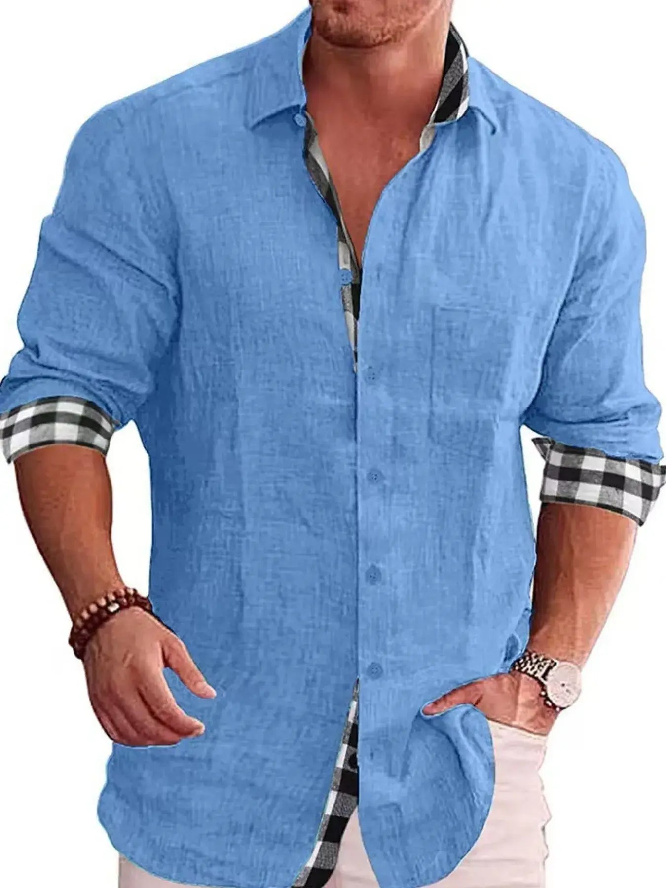 Men's Full Size Casual Linen Plaid-Trim Button Down Shirt Plus Size