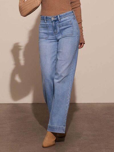 High Rise Front Pocket Patch Wide Leg Jeans - Clothes For Her Online Store