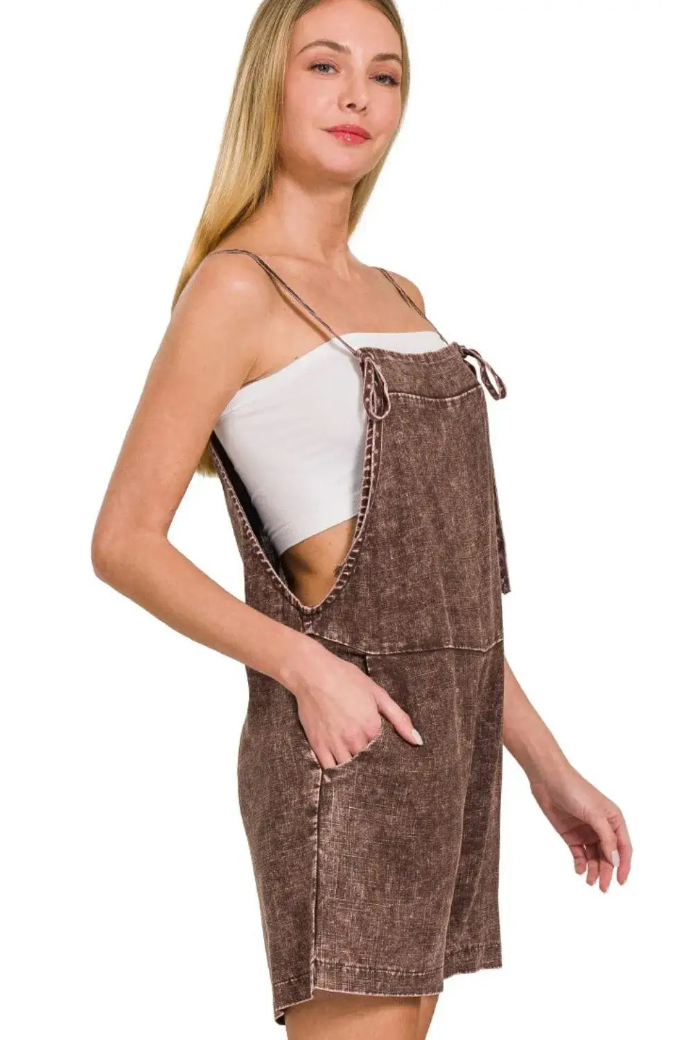 Zenana Washed Linen Knot Strap Rompers - Clothes For Her Online Store