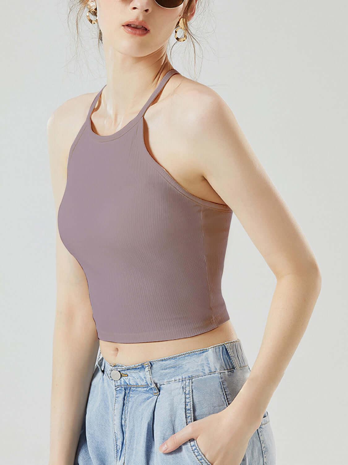 Grecian Neck Cropped Tank with Chest Pads - Clothes For Her Online Store