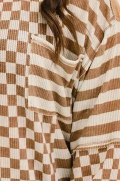 Plus Size Stripes & Checker Round Neck Long Sleeve Top - Clothes For Her Online Store