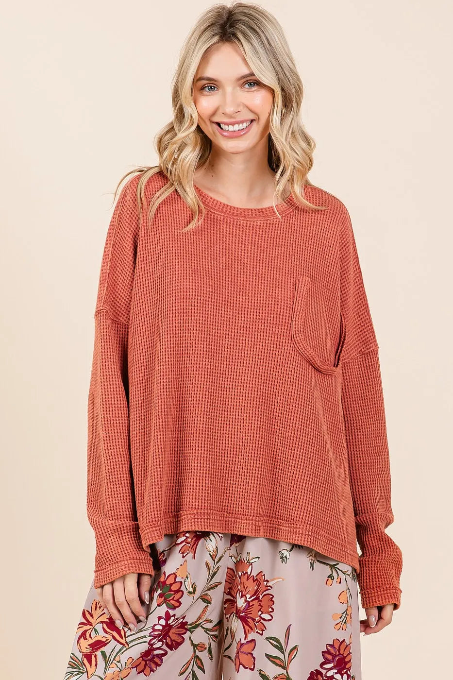 Mittoshop Mineral Wash Cutout Pocket Long Sleeve Waffle Top