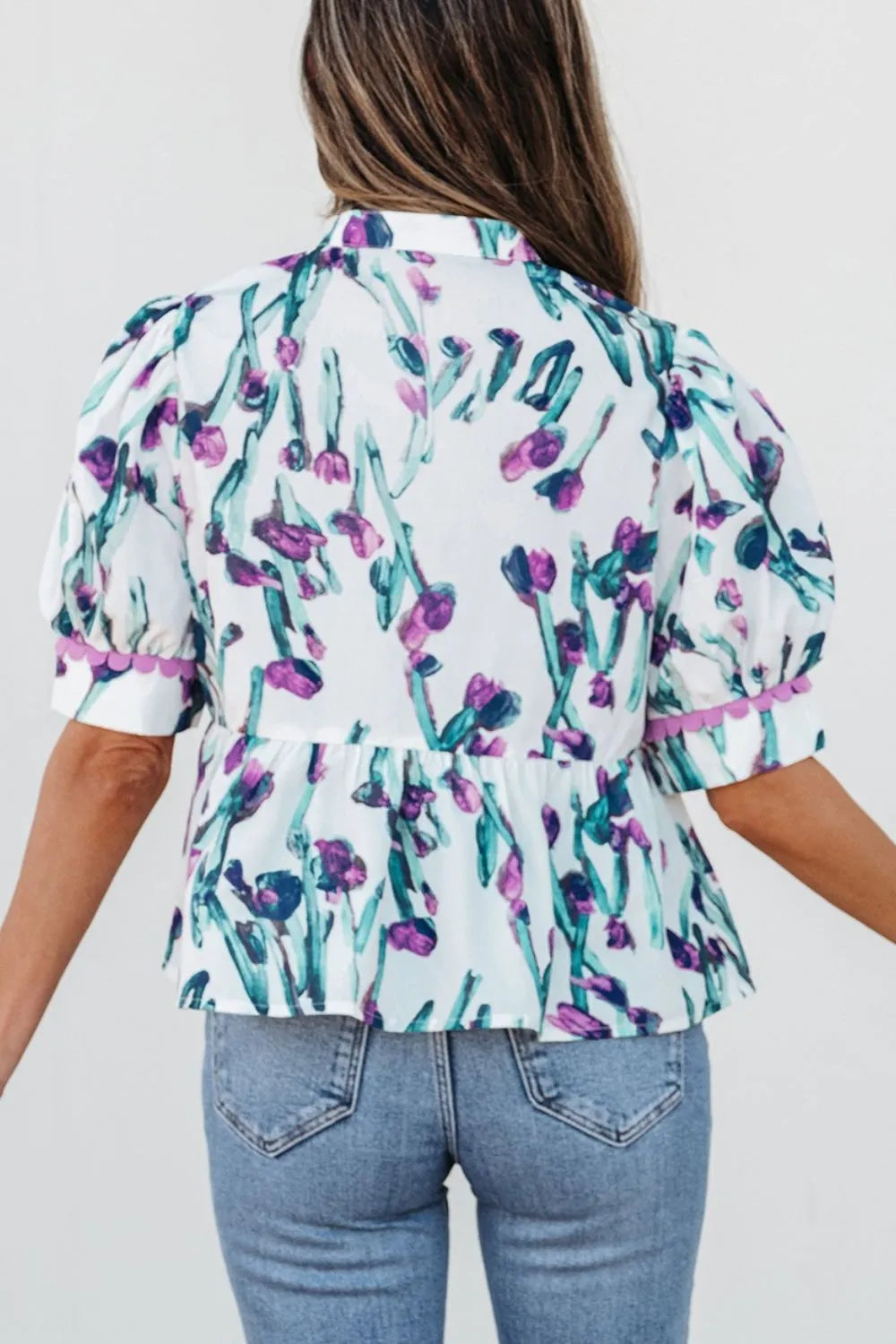 Floral Ricrac Trim Half Sleeve Peplum Top - Clothes For Her Online Store