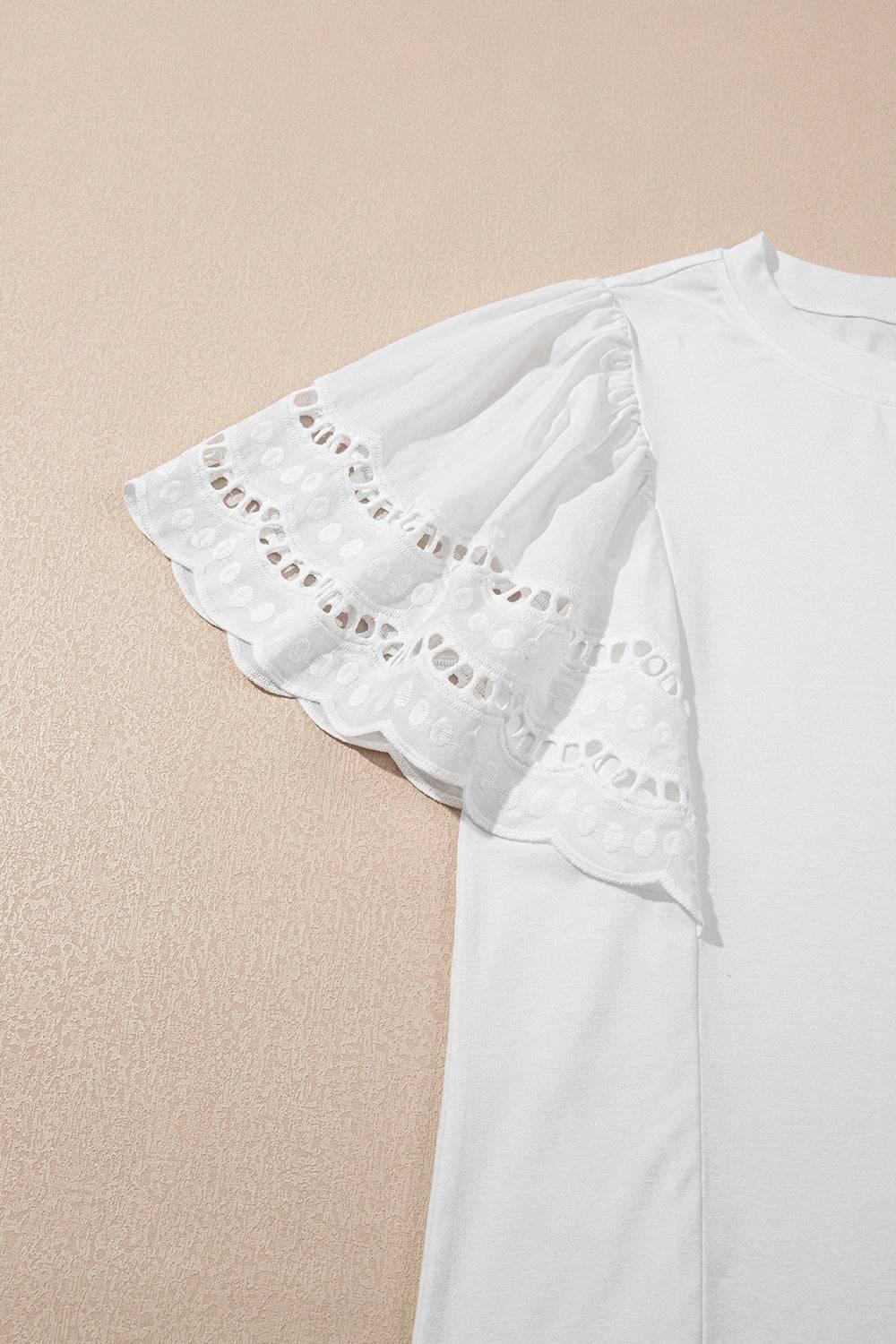Hollow Out Embroidered Short Sleeve Round Neck Top - Clothes For Her Online Store
