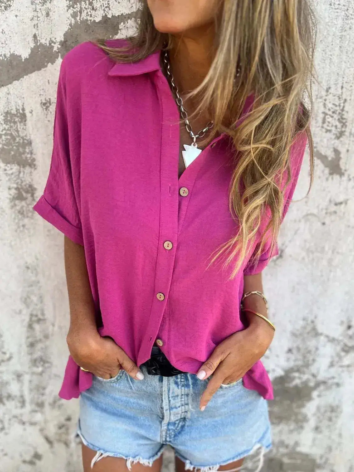 Full Size Collared Neck Half Sleeve Shirt Plus Size - Clothes For Her Online Store