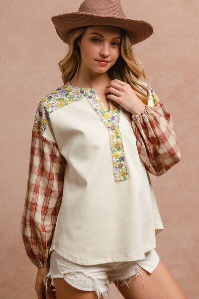 BiBi Floral Notched Plaid Balloon Sleeve Top - Clothes For Her Online Store