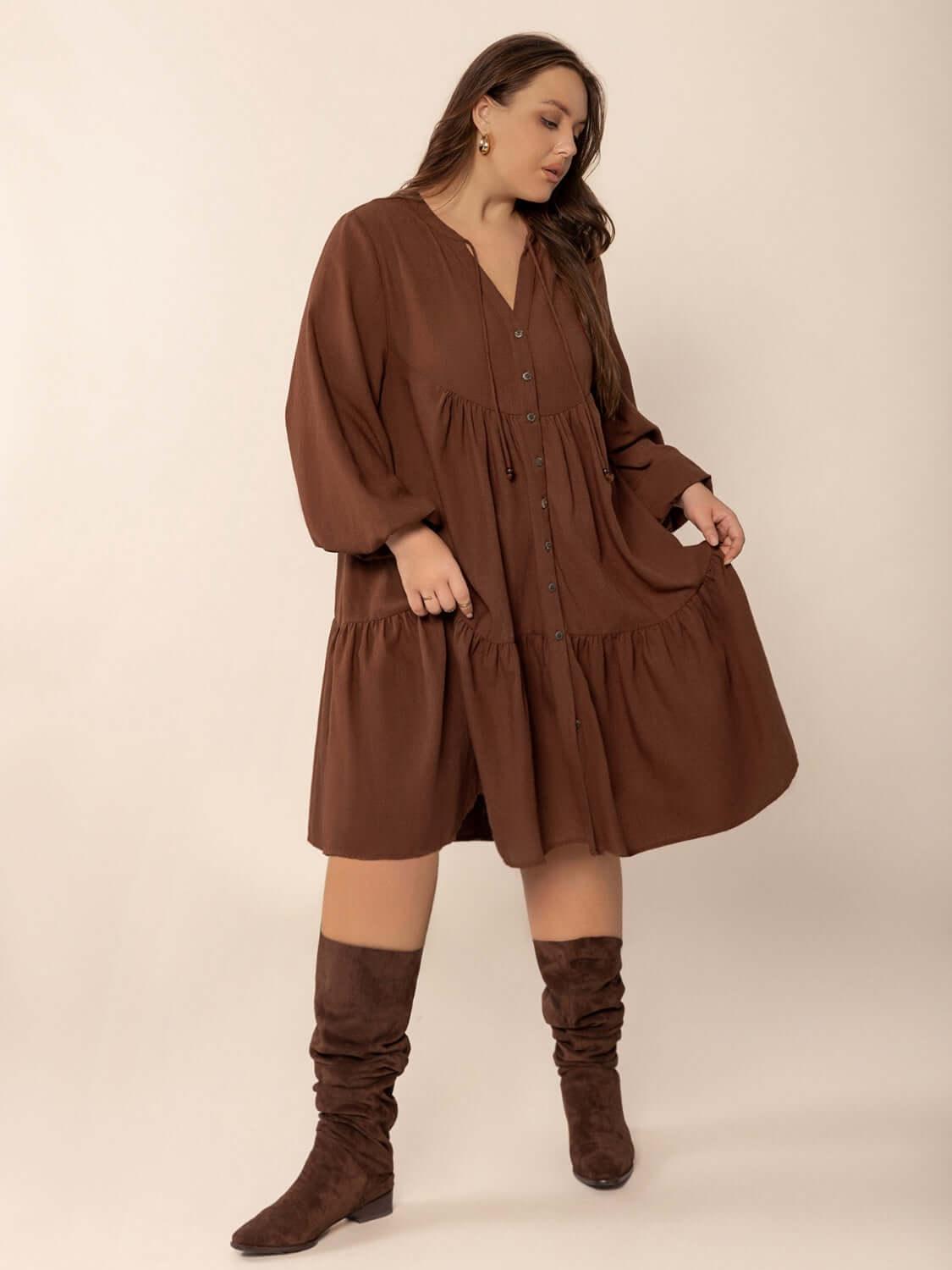 Plus Size Tie Neck Balloon Sleeve Tiered Dress - Clothes For Her Online Store