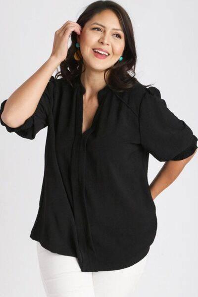 Umgee Full Size Split Neck Boxy Cut Top with Piping Details Plus Size - Clothes For Her Online Store