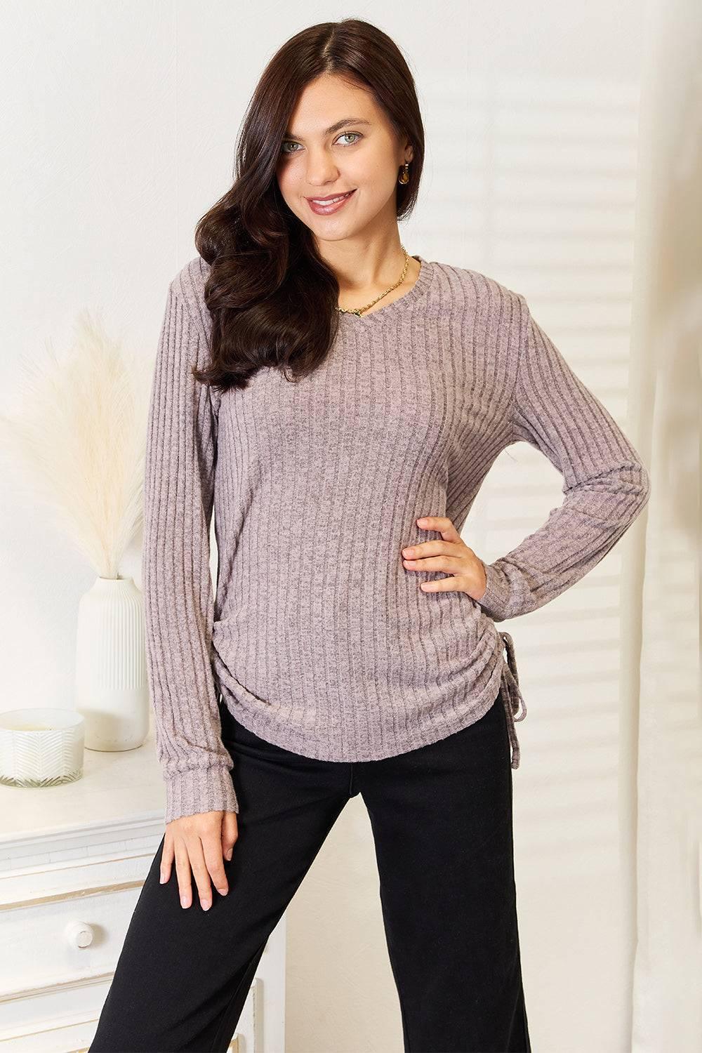 Double Take Drawstring Ribbed Long Sleeve T-Shirt - Clothes For Her Online Store