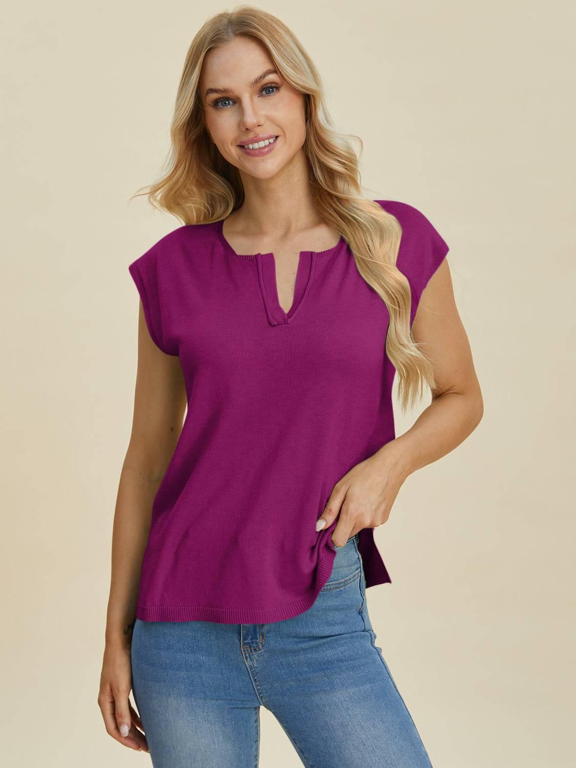 Double Take Full Size Notched Cap Sleeve Knit Top - Clothes For Her Online Store