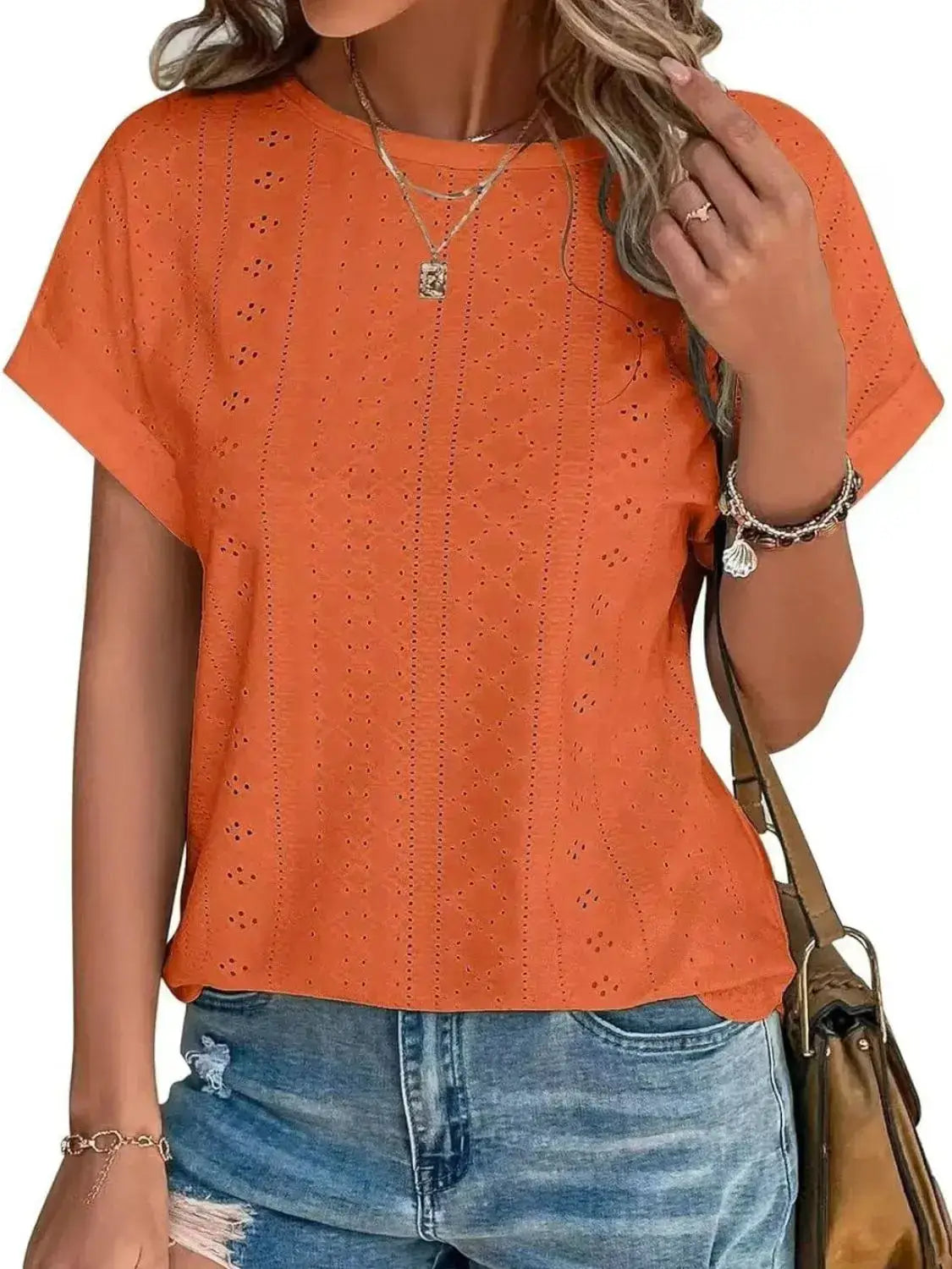 Eyelet Round Neck Short Sleeve Top - Clothes For Her Online Store