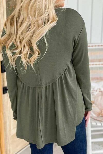 Plus Size Peplum Round Neck Long Sleeve Blouse - Clothes For Her Online Store