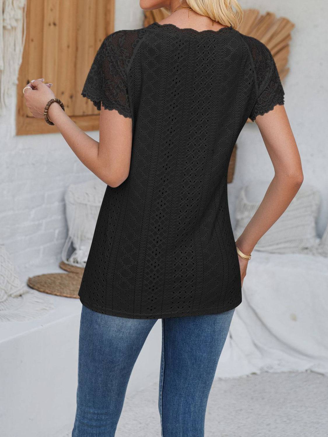 Eyelet Lace Detail V-Neck Short Sleeve Top - Clothes For Her Online Store