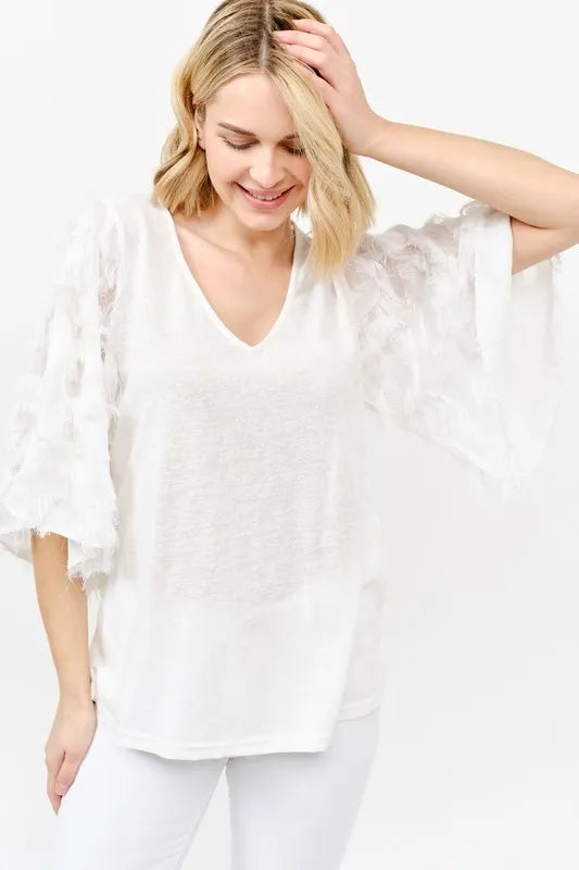 And The Why Feather Detailed 3/4 Sleeve Slub Top