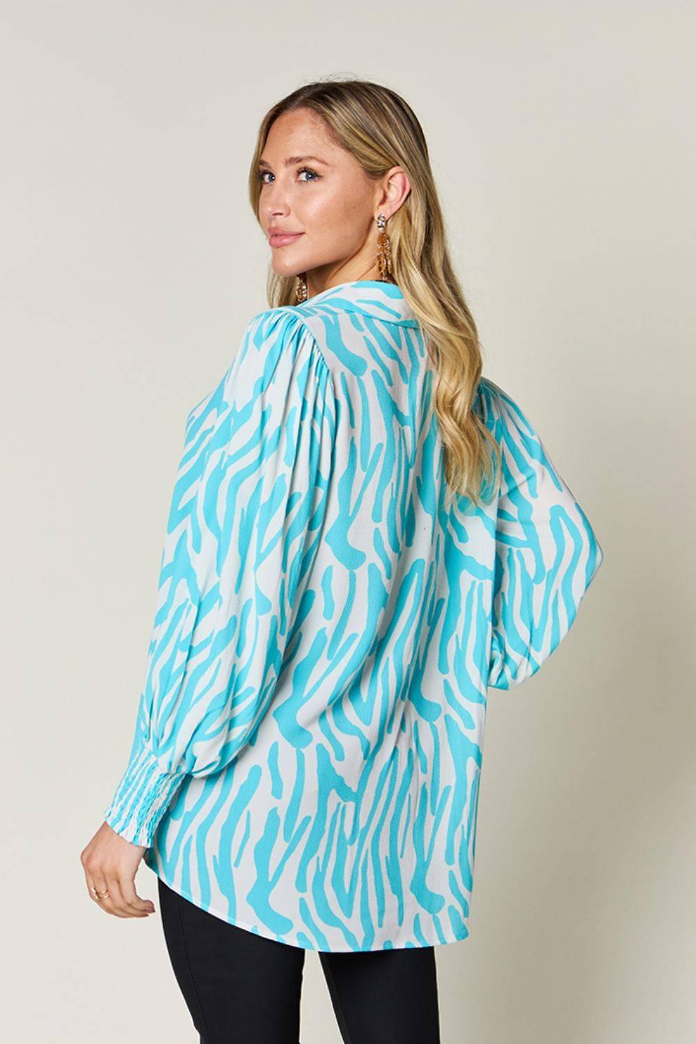 Double Take Full Size Printed Smocked Long Sleeve Blouse - Clothes For Her Online Store