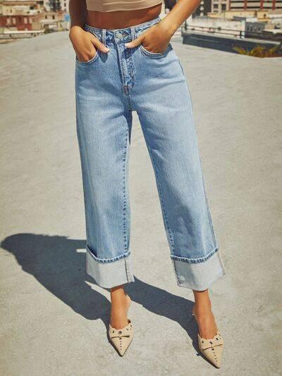 High Waisted Straight Leg Rolled Jeans - Clothes For Her Online Store