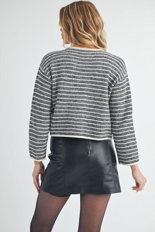 Aemi + Co Striped Button Down Round Neck Cardigan - Clothes For Her Online Store