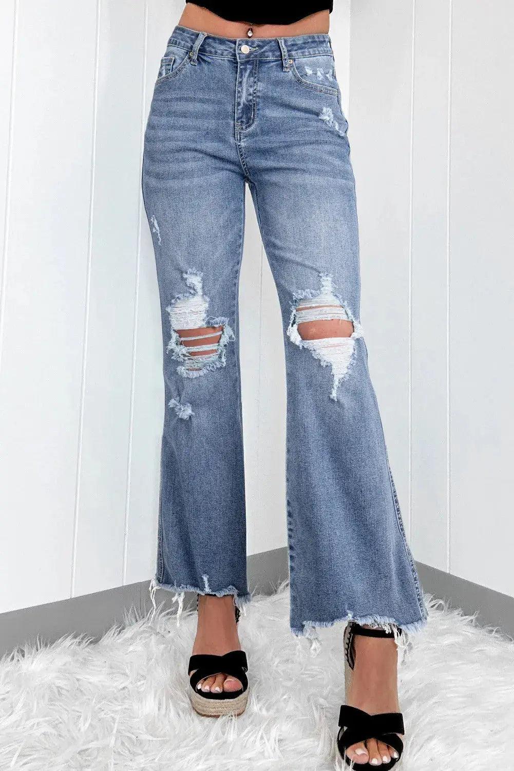 Distressed Raw Hem Bootcut Jeans - Clothes For Her Online Store