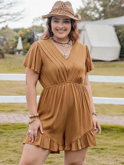 Plus Size Ruffled V-Neck Short Sleeve Romper - Clothes For Her Online Store