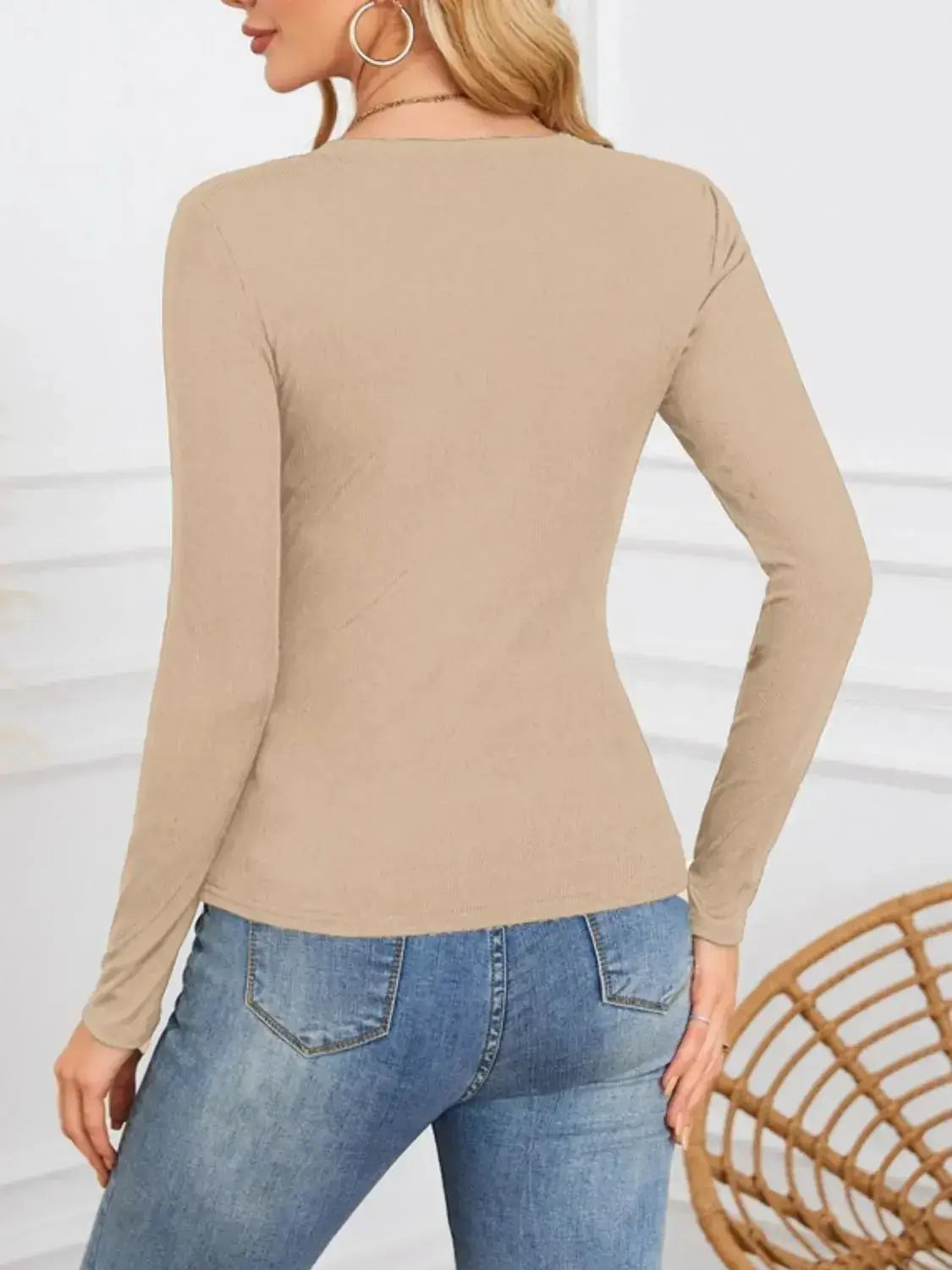 Notched Long Sleeve T-Shirt - Clothes For Her Online Store