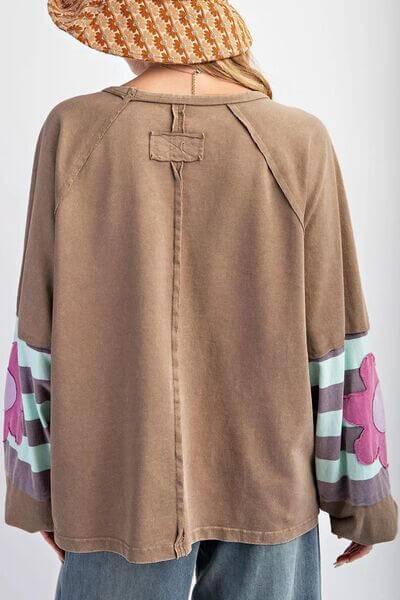 Plus Size Flower Round Neck Long Sleeve Blouse - Clothes For Her Online Store