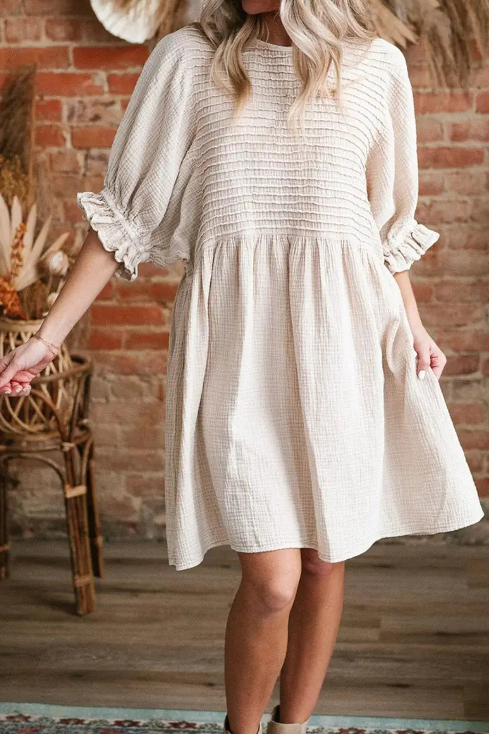 Textured Ruffled Puff Sleeve Loose Dress - Clothes For Her Online Store