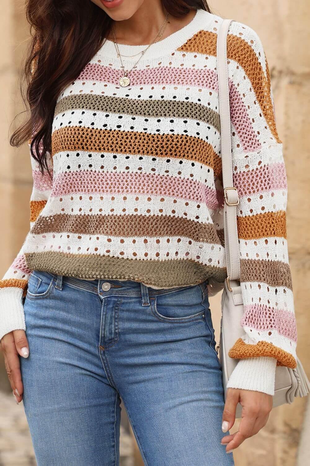 Striped Round Neck Hollowed Sweater - Clothes For Her Online Store