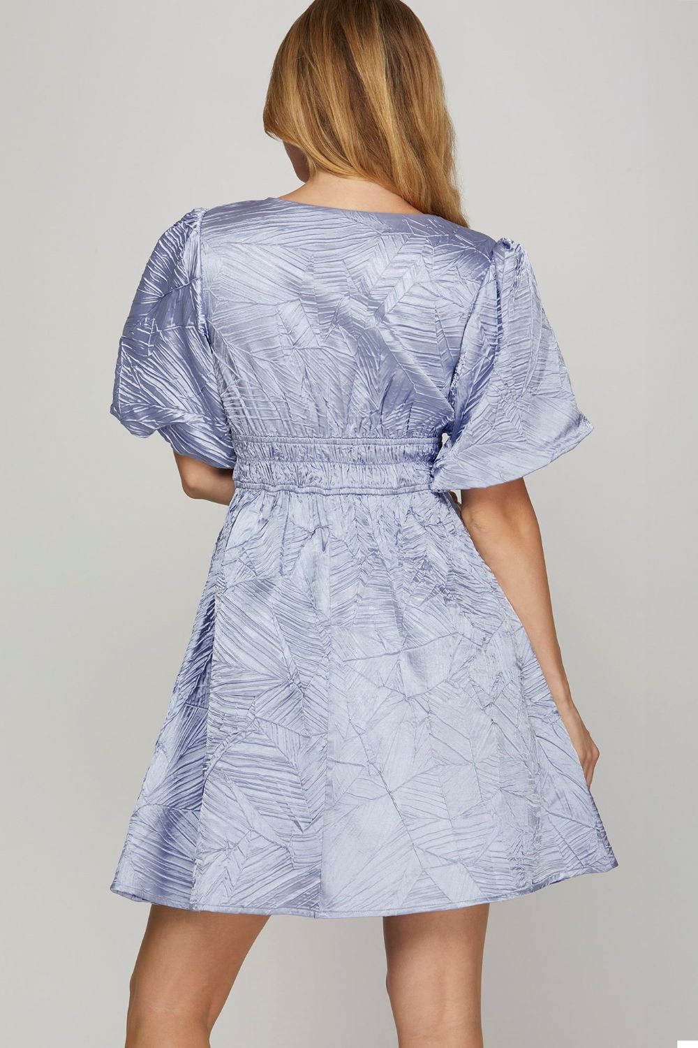 She + Sky Crinkle Woven V-Neck Balloon Sleeve Mini Dress - Clothes For Her Online Store