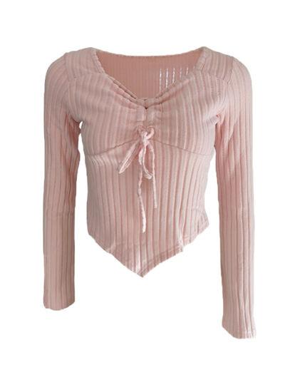 Drawstring Ruched Long Sleeve Ribbed Top - Clothes For Her Online Store