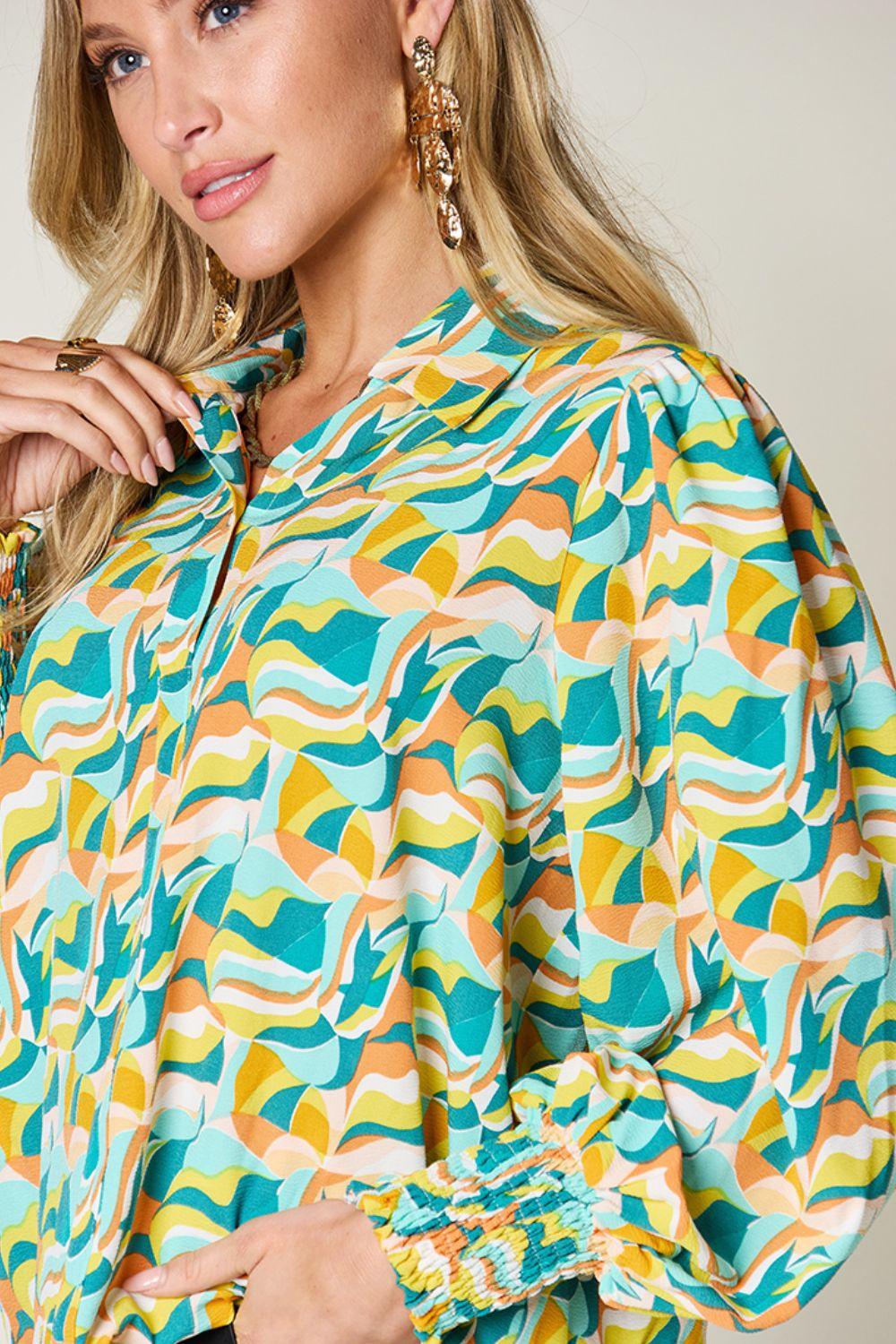 Double Take Full Size Printed Smocked Long Sleeve Blouse - Clothes For Her Online Store