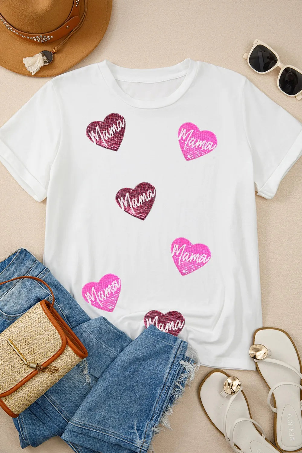 MAMA Heart Shape Sequin Patched Crew Neck T Shirt