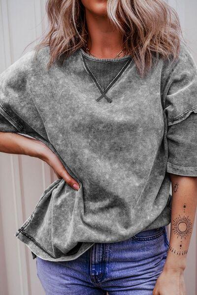 Mineral Wash Drop Shoulder Round Neck T-Shirt - Clothes For Her Online Store