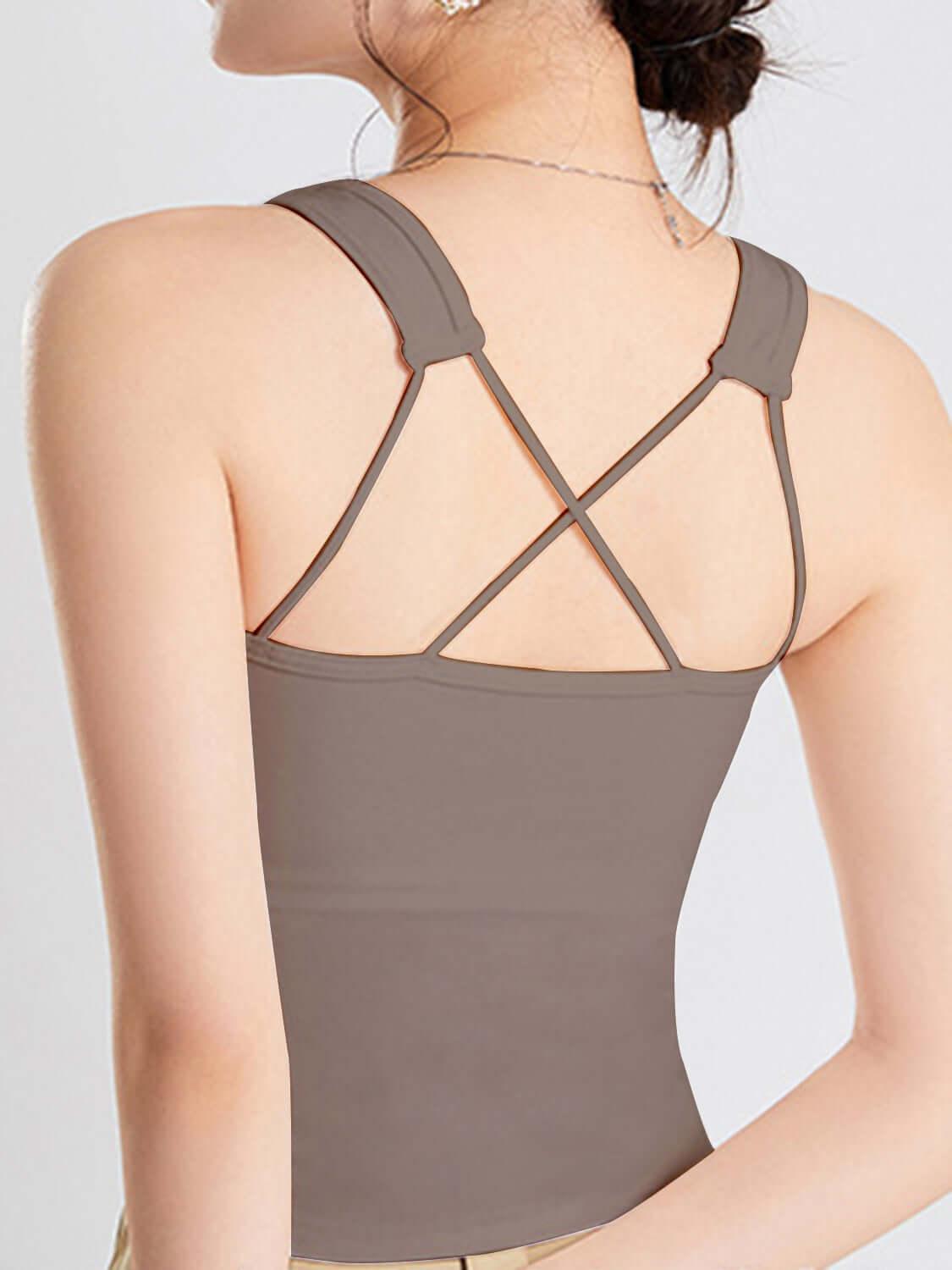 Crisscross Scoop Neck Wide Strap Cropped Tank with Chest Pads - Clothes For Her Online Store
