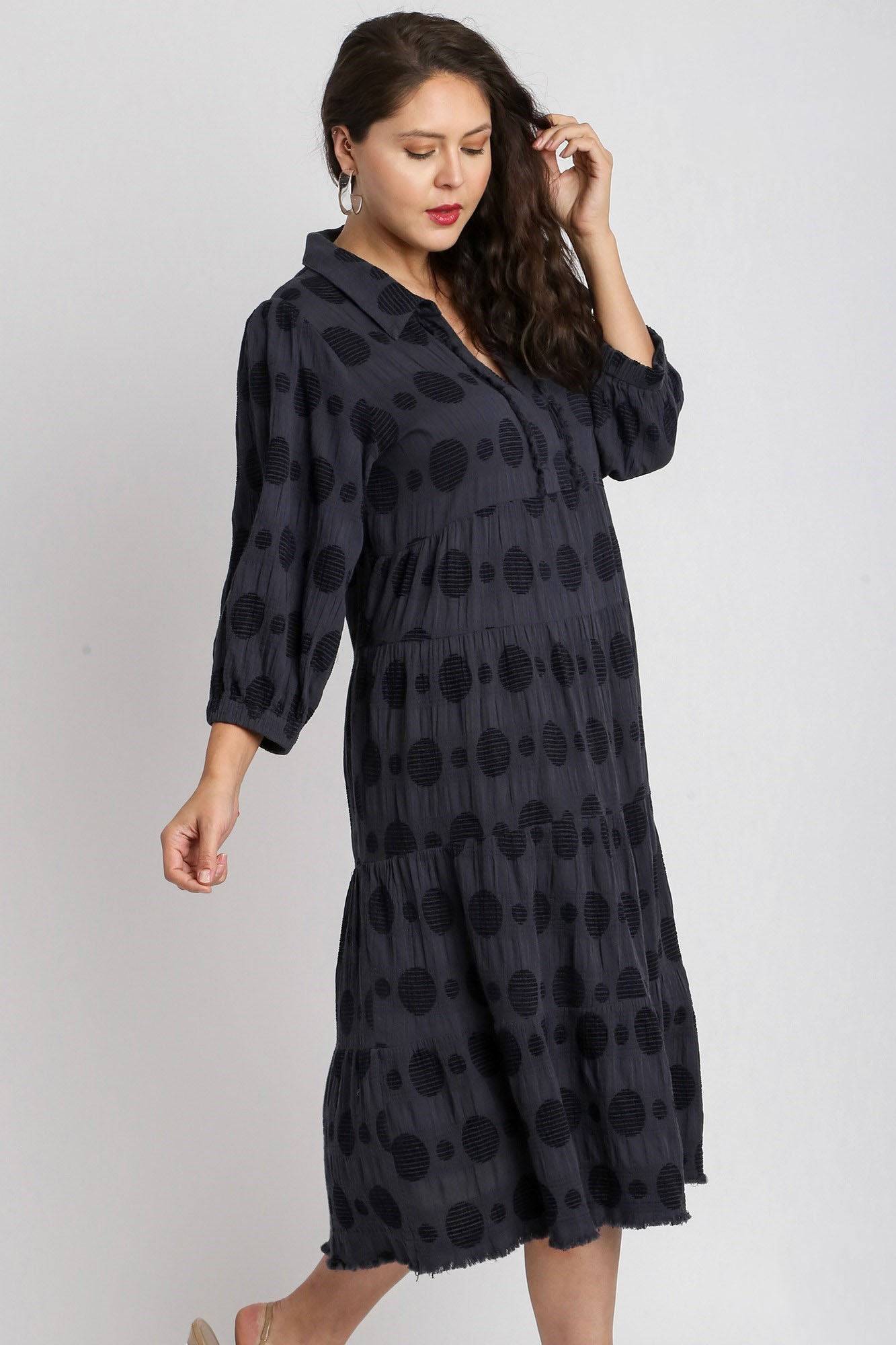 Umgee Full Size Solid Dotted Jacquard Midi Dress Plus Size - Clothes For Her Online Store