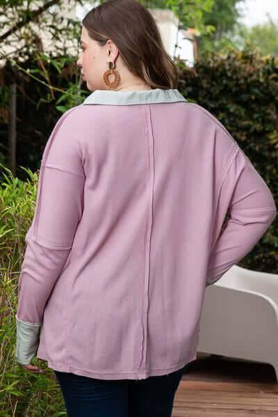 Plus Size Exposed Seam Johnny Collar Long Sleeve T-Shirt - Clothes For Her Online Store
